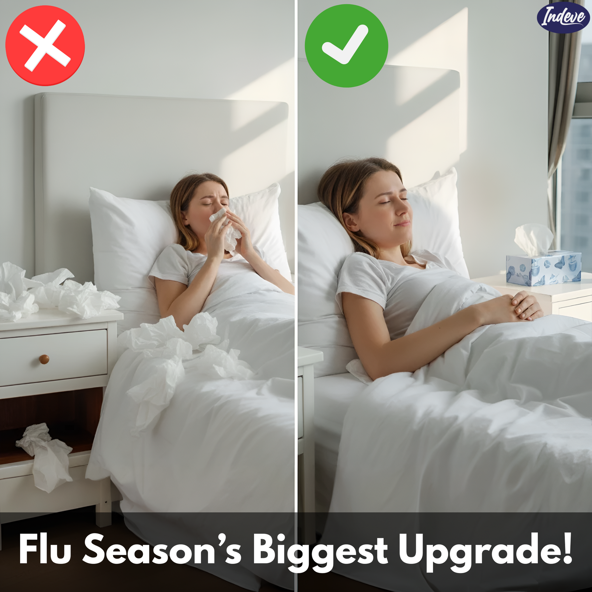Comparison of a woman sneezing in bed with tissues versus sleeping soundly, with text 'Flu Season's Biggest Upgrade!' and brand logo.