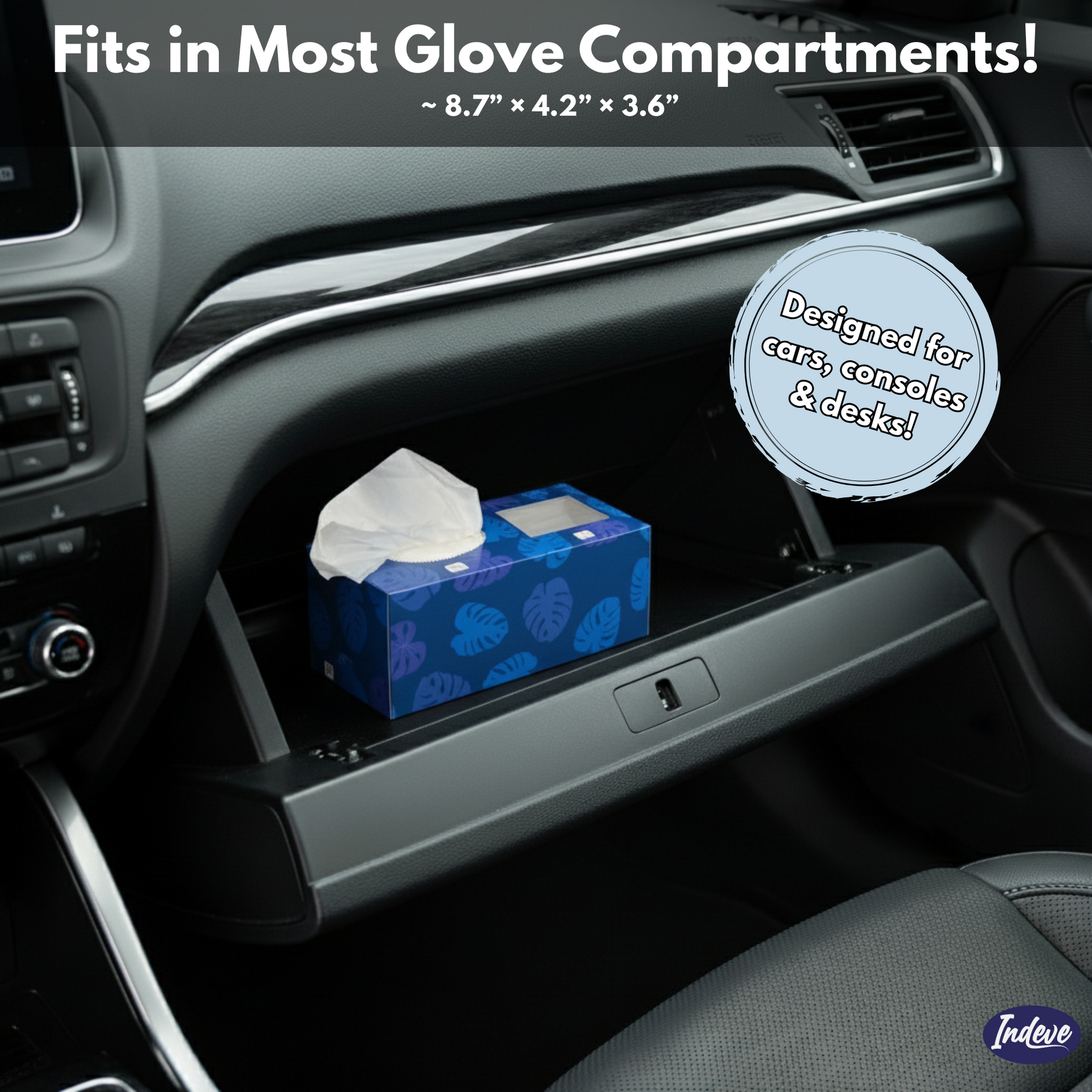 Car glove compartment with a tissue box and tissues, featuring Indeve branding.
