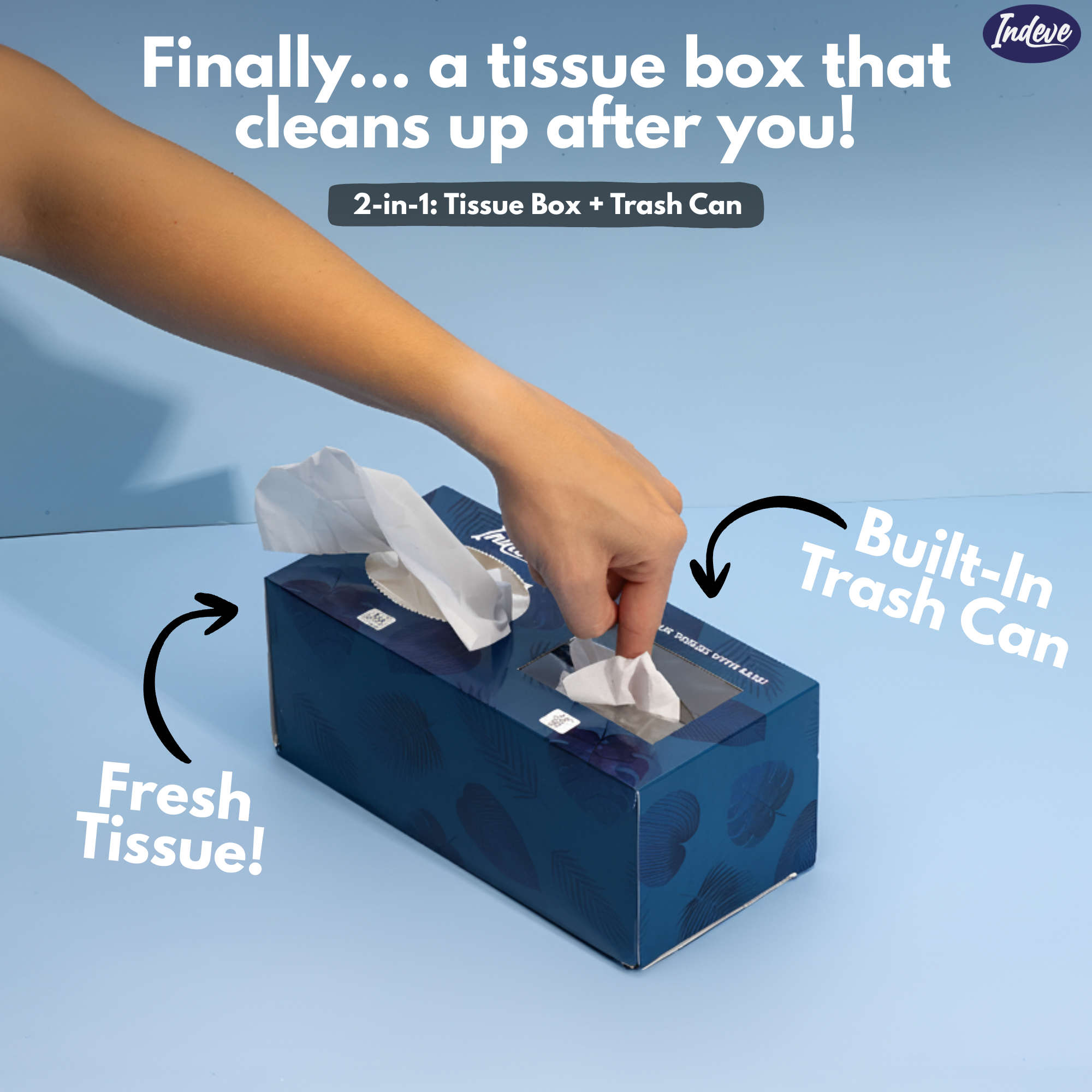 Indeve Tissue Box with Built In Trash Can - No More Messy Tissues (4 Boxes per Pack)