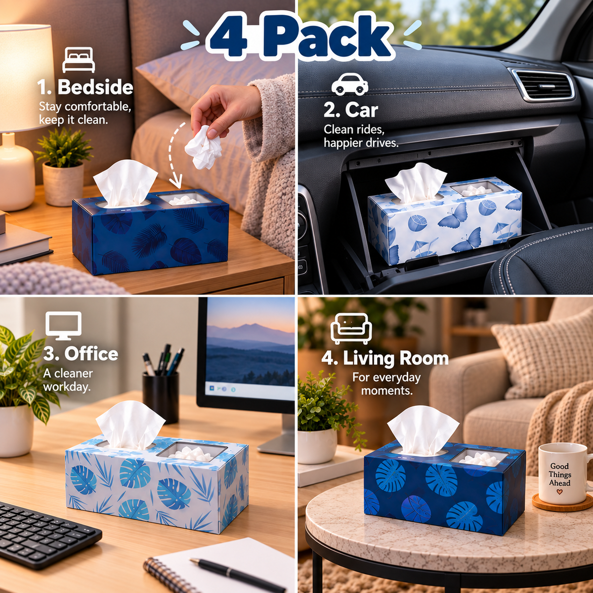 Indeve 2-in-1 Tissue Box with Built-In Trash Compartment | Sick Day & Cold/Flu Essential | Bedside, Car, Office | 75 Tissues Per Box, 2-Ply