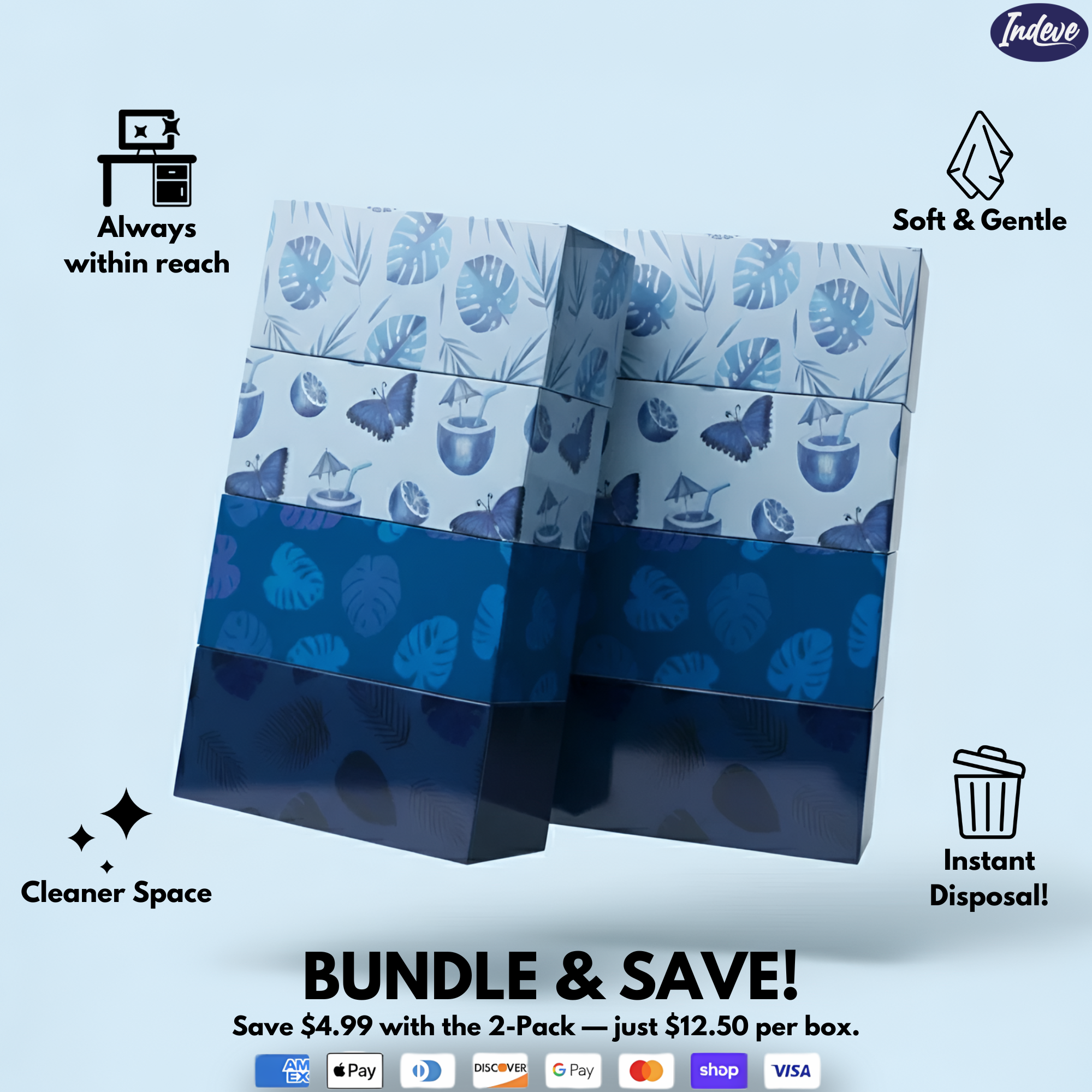 Indeve Tissue Box with Built In Trash Can - No More Messy Tissues (4 Boxes per Pack)